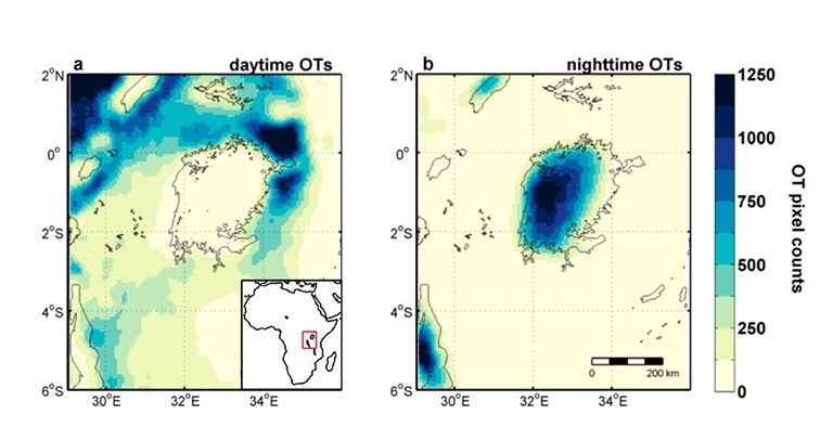 NASA satellite observations show day-and-night climate variations above and around Lake Victoria.