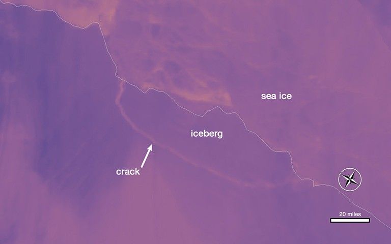 Thermal wavelength image of a large iceberg, which has calved off the Larsen C ice shelf.