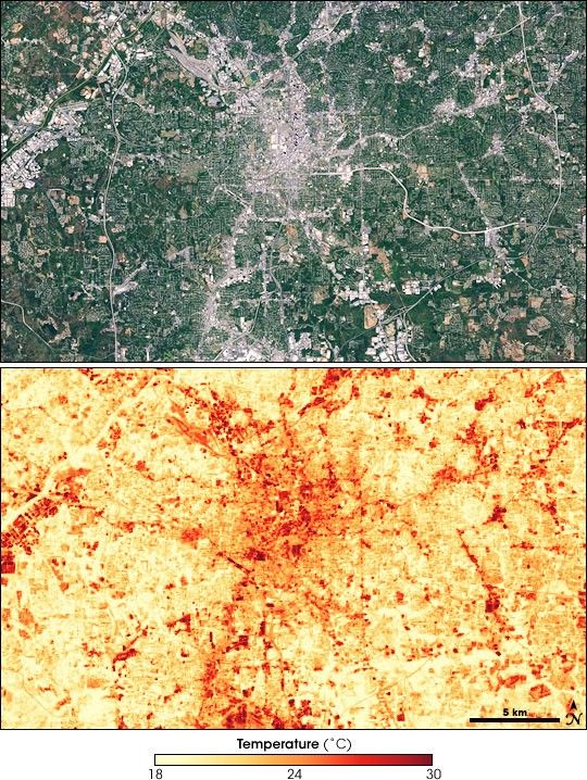 A true color image of the urban area of Atlanta is seen above a thermal image showing temperatures much higher in urban areas.