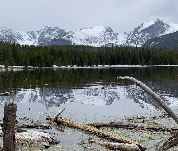 A lake in front of snow-covered mountains