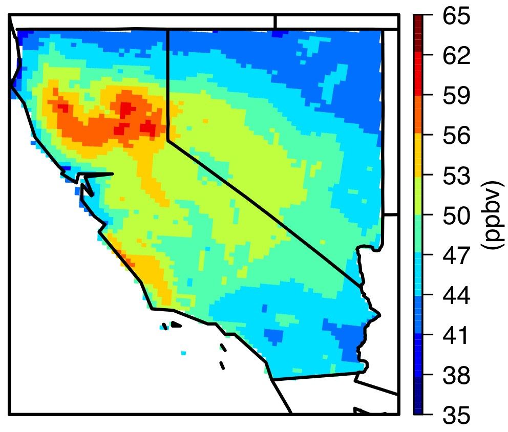Monthly-mean maximum daily 8-hour average background ozone concentration in parts per billion in California and Nevada