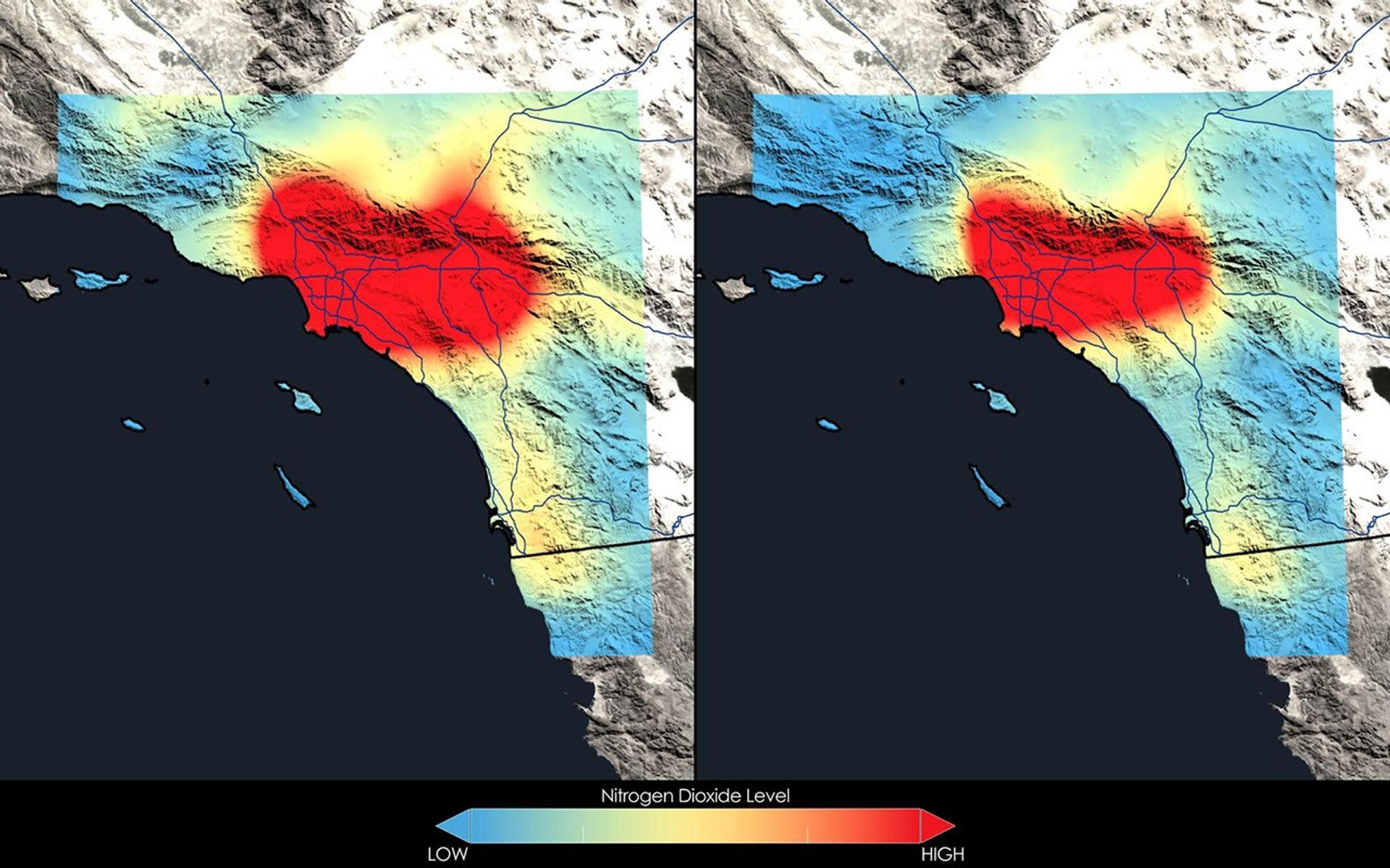 Satellite data show that Los Angeles has seen a 40 percent decrease in nitrogen dioxide between the 2005-2007 and the 2009-2011 periods.