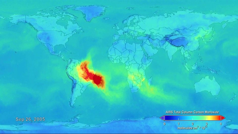 The streak of red, orange, and yellow across South America, Africa, and the Atlantic Ocean in this animation points to high levels of carbon monoxide