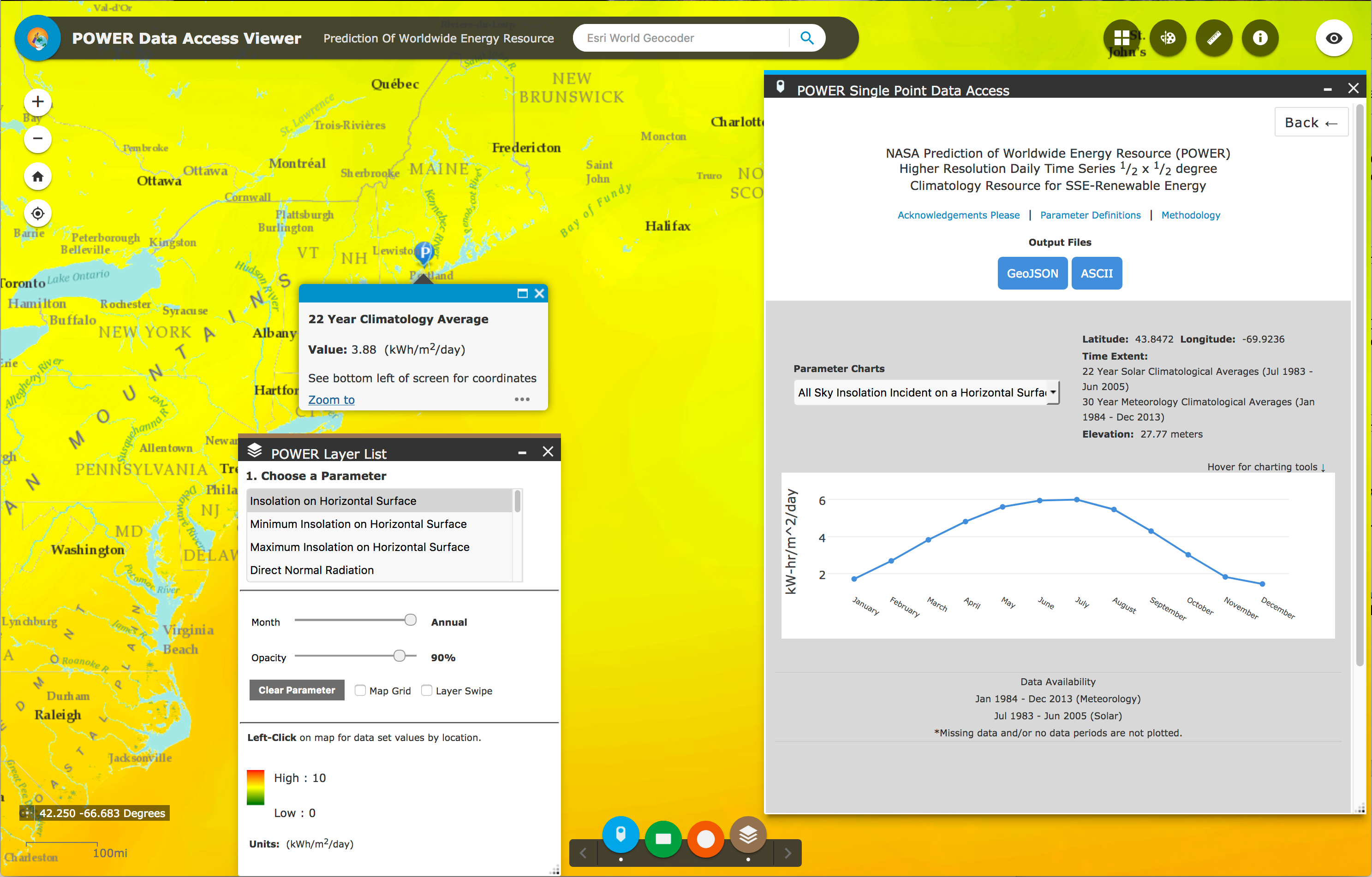 NASA's POWER program allows access to NASA data over location, time periods and other criteria.