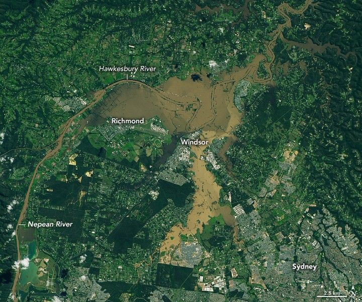 Persistent, heavy rain fell for several days in early autumn in New South Wales, Australia, leading to the region's worst flooding in six decades.