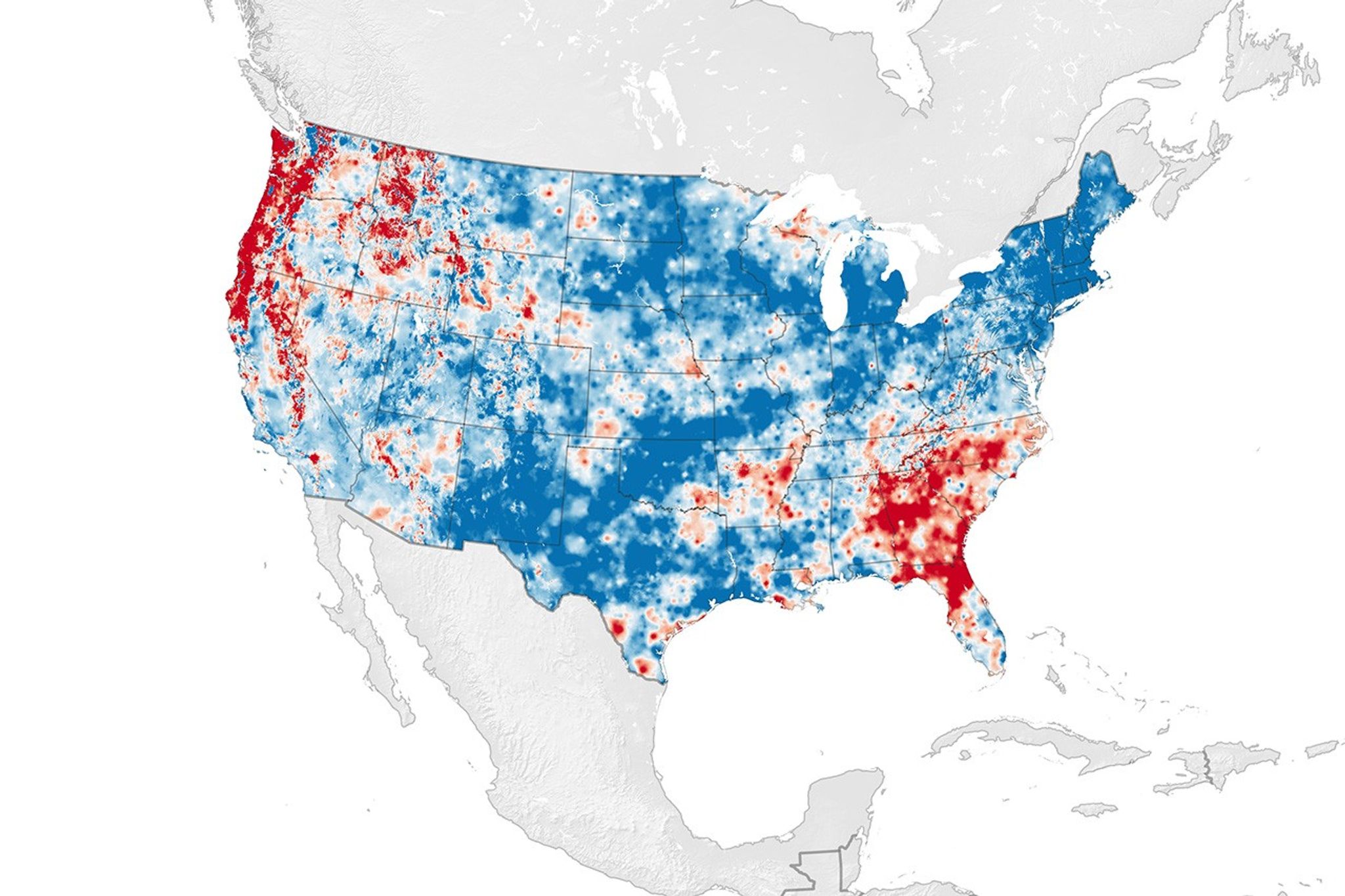 This map shows where the water cycle has been intensifying or weakening across the continental U.S. from 1945-1974 to 1985-2014.