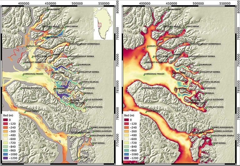 A comparison of the newly compiled map of the Uummannaq fjord area (left) and an older map (right). Red areas indicate shallower depths, blues and purples deeper. Credit: UCI/NASA/JPL-Caltech.