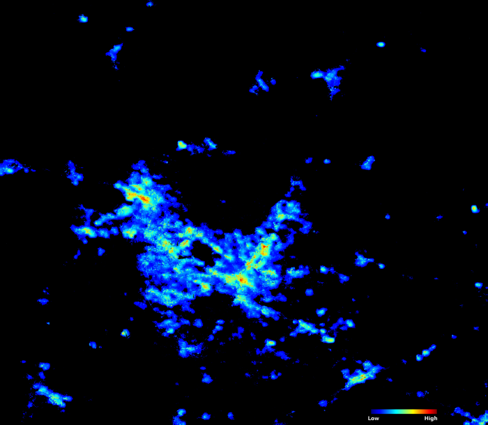 This pre-Florence image in Raleigh and Durham, North Carolina, is based on composite Black Marble images gathered between August 10 and Sep 11, 2018. The image shows areas in high-light condition in red, while areas in low-light condition are in black. The Black Marble Level 3 and HD data are continuously being produced and delivered for the latest day available.