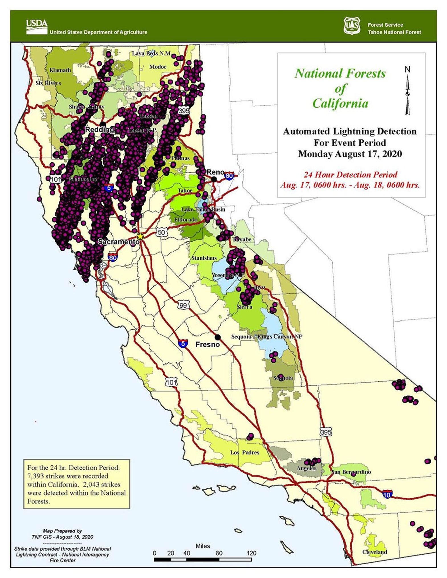 Map of California showing where 7,393 lightning strikes were detected for the 24-hour period ending at 6:00 a.m. on Tuesday, August 18, 2020.