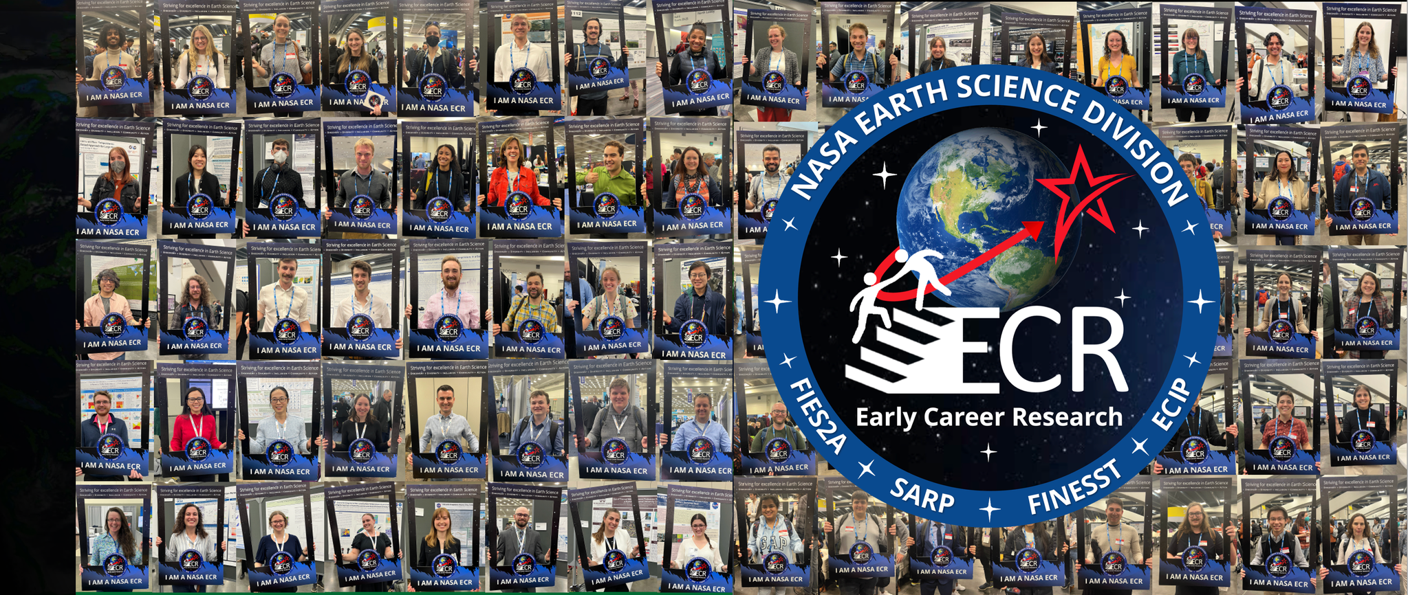 Image compilation of participants with the physical program frame with branding imagery and the Early Career Researcher graphic on the right