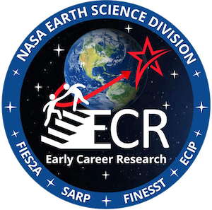 Early Career Research ID, circle border includes text FIES2A, SARP, FINESST, ECIP and Earth Science Division. The center of the image features two stick figures holding hands on stairs in front of Earth with a red arrow and star.