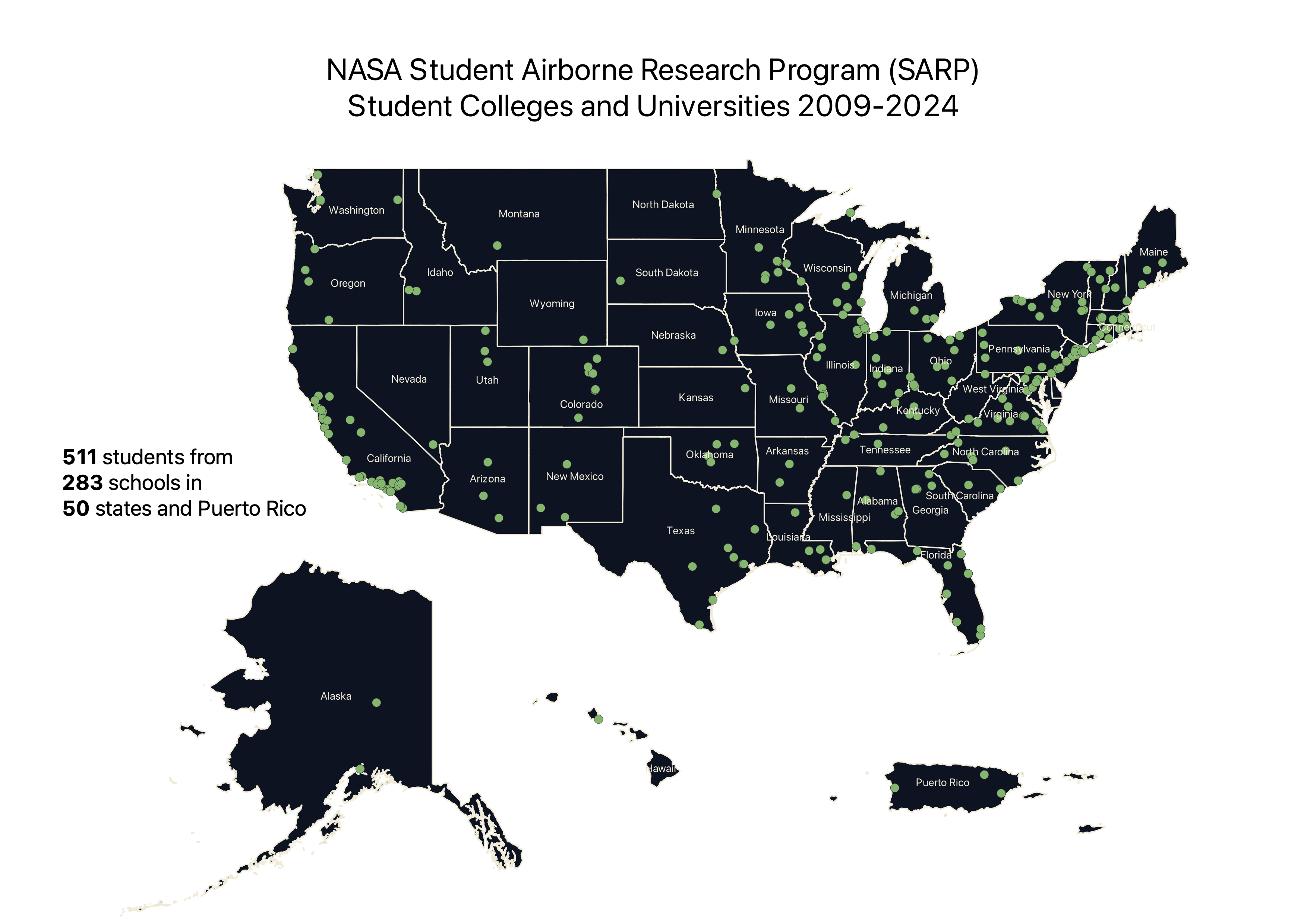 maps of the united states and Puerto Rico with green dot markers for the location of each college that sent students to participate in sarp from 2009-2024. Each state has at least one contributing college