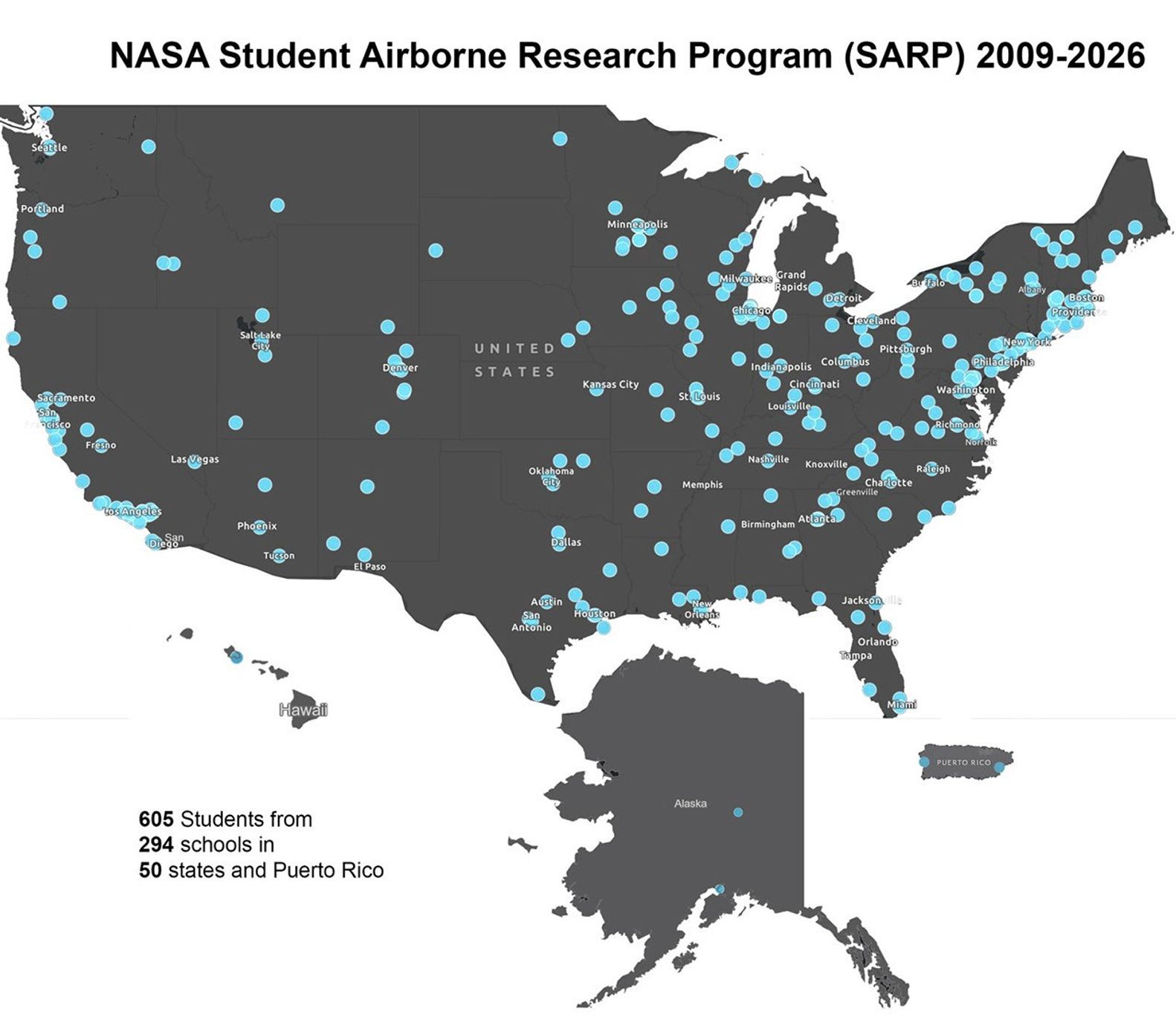 Maps of the united states and Puerto Rico with green dot markers for the location of each college that sent students to participate in sarp from 2009-2026. Each state has at least one contributing college