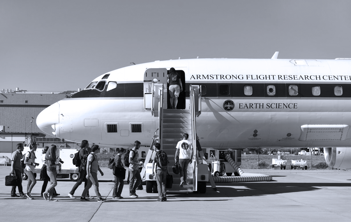 SARP students board a NASA aircraft from Armstrong Flight Research Center.