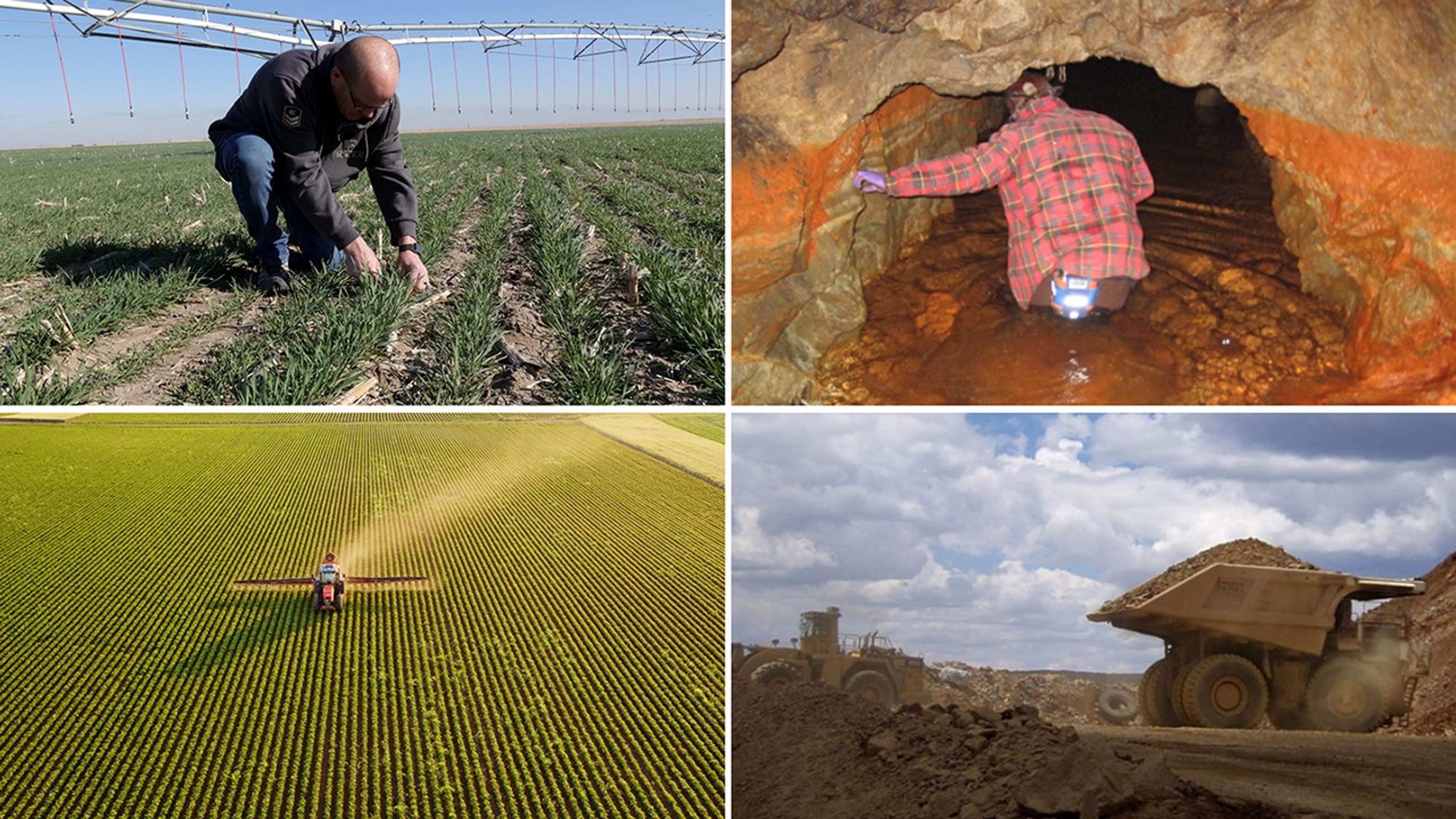 A farmer is tending his crops, a miner explores a deposit, an industrial harvester is shown in the fields, a large dump truck carries rock at a mine.