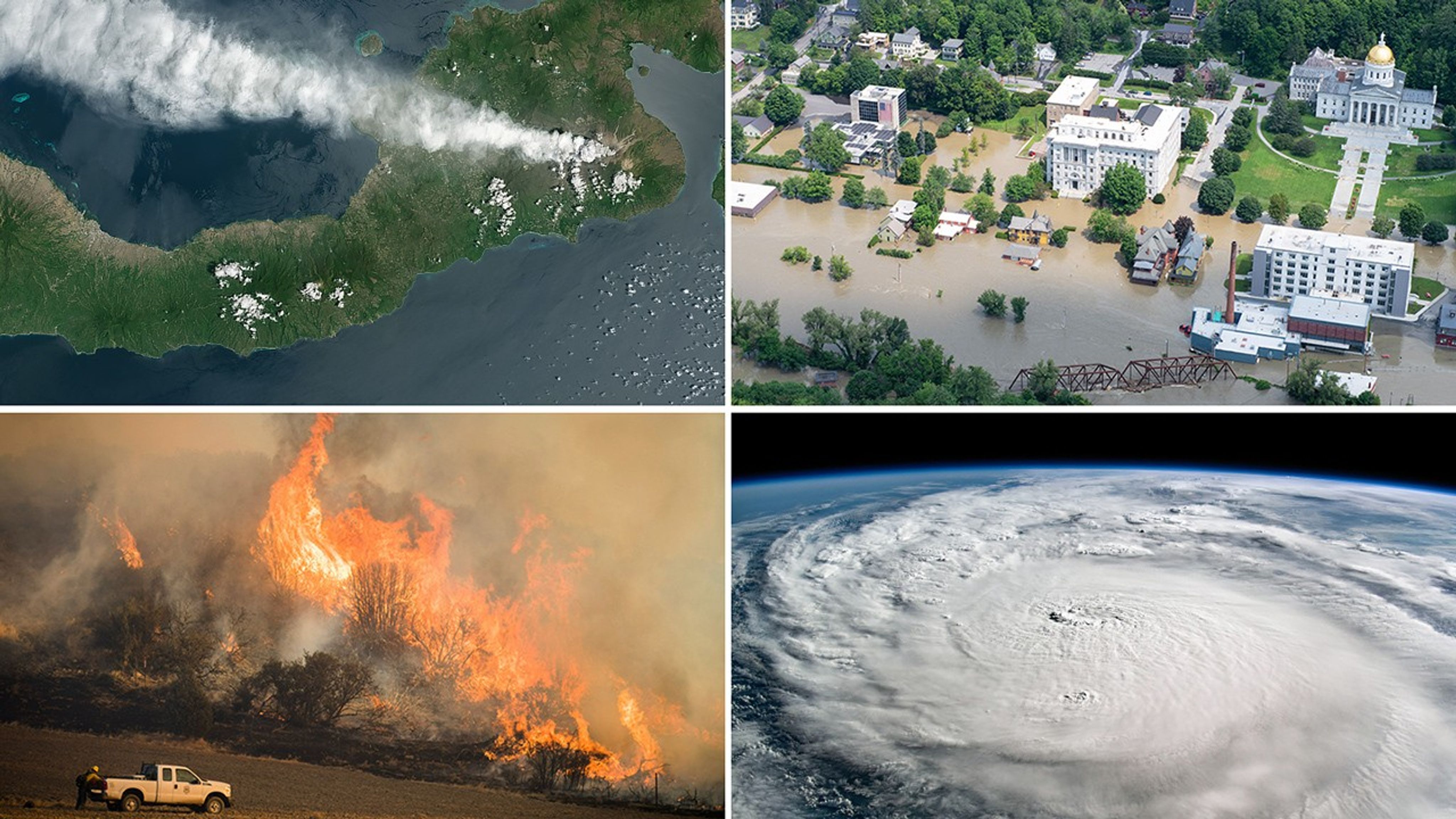 A selection of four images showing a volcano erupting, flooded streets in Vermont, a hurricane seen from space, and fires burning a hillside.