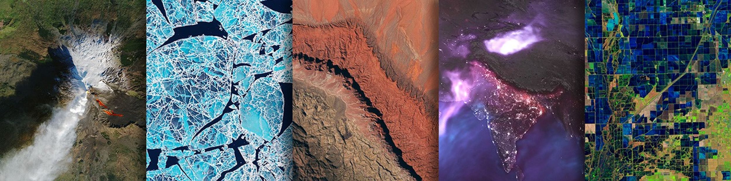 An image showing an erupting volcano, sea ice, desert topography, aerosols over India, and flooded fields.