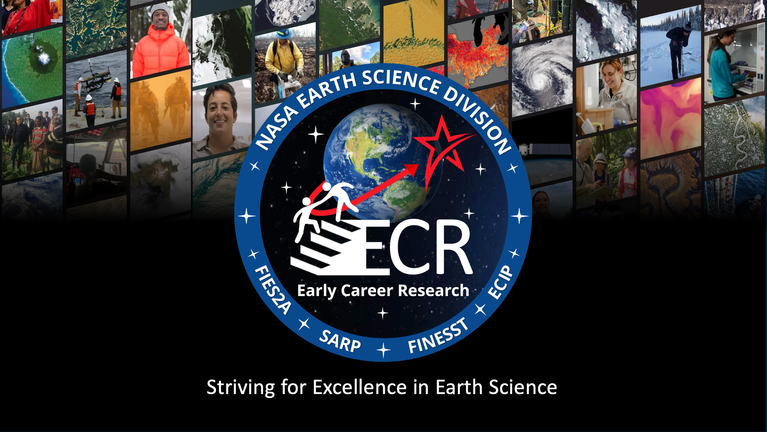 A logo containing an image of the Earth with two people helping each other climb to the top of stairs. The logo contains a blue ring around the Earth with the four Early Career Research programs listed, which includes FIES2A, SARP, FINESST, and ECIP.