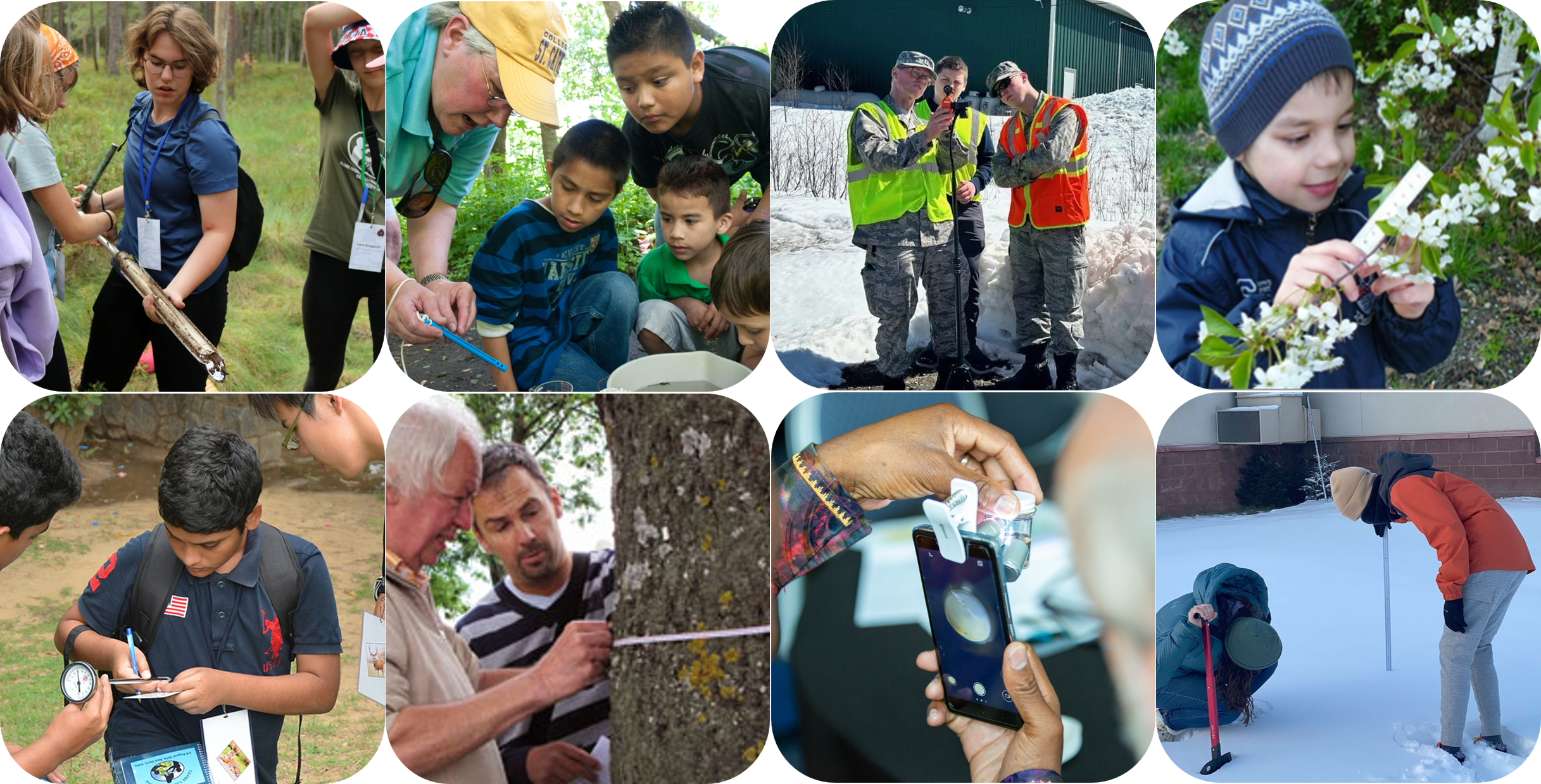 A college of crowdsource participants taking Earth system measurements and demonstrating readings to others in their community.