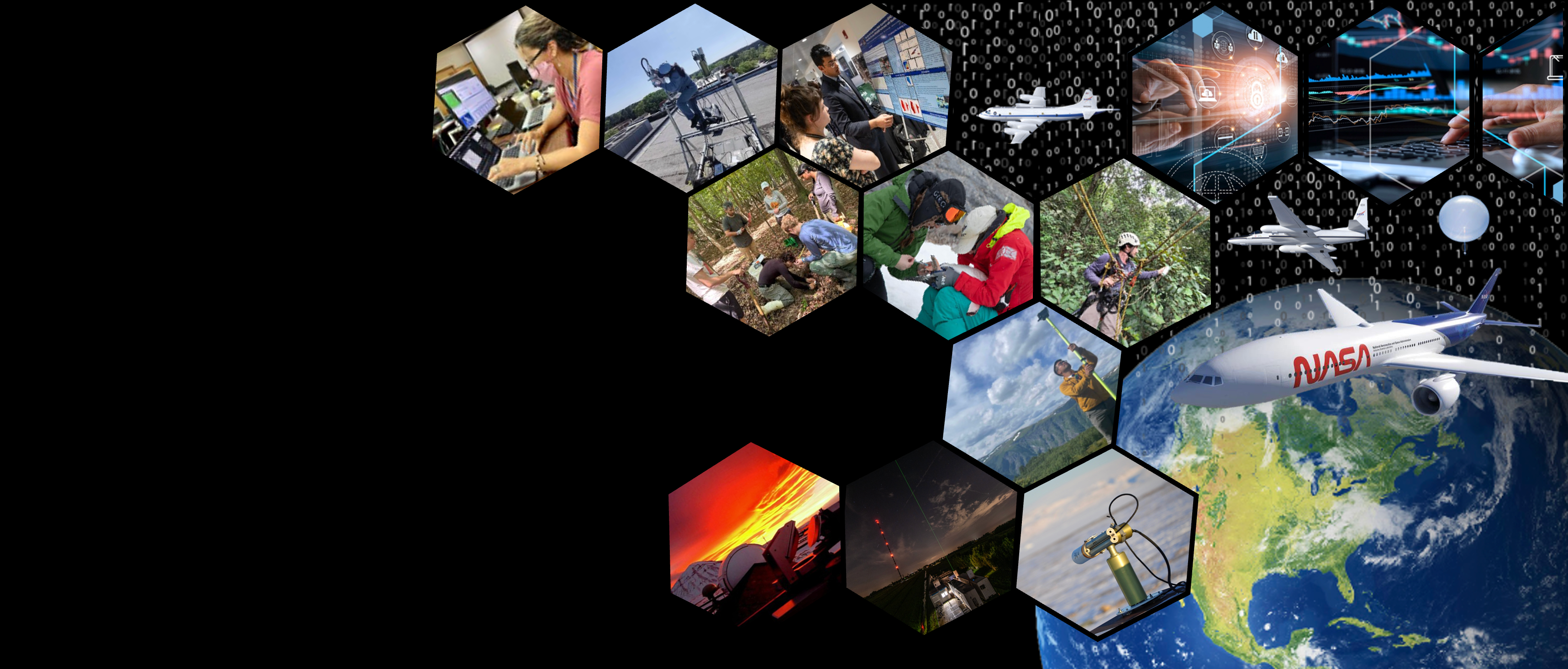 hexagons of images frame in the image of the Earth Sphere in the lower right. A NASA worm logo on a plane flies above the earth, the hexagons are filled with various science activities.
