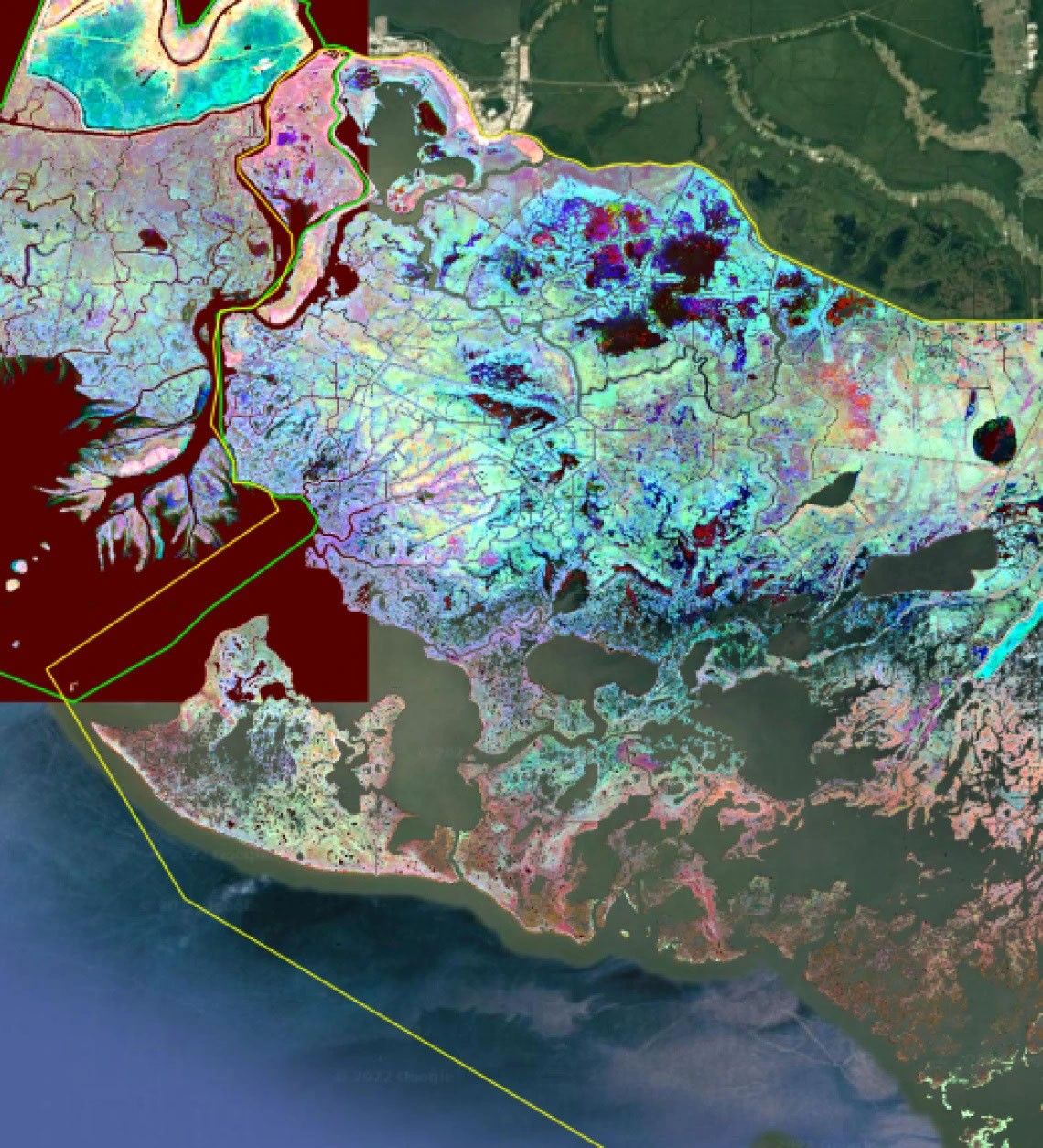 Highly illuminated mother of pearl colors overlaid on coastal landscape