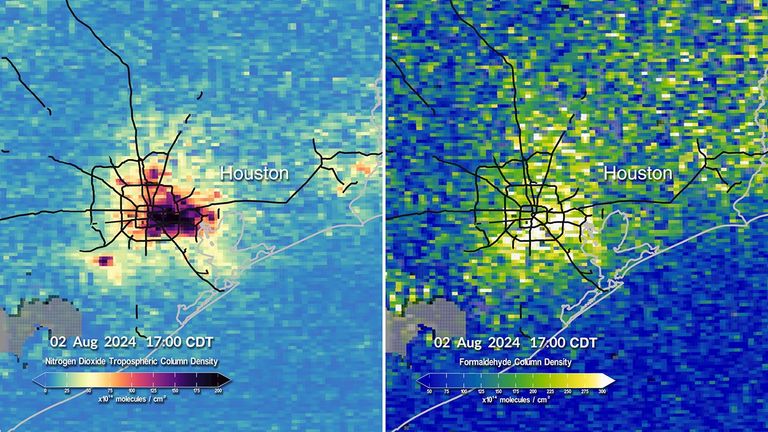 Maps of nitrogen oxide and formaldehyde gas accumulations surrounding Houston, TX on a day when the TEMPO mission observed high ozone gas levels.