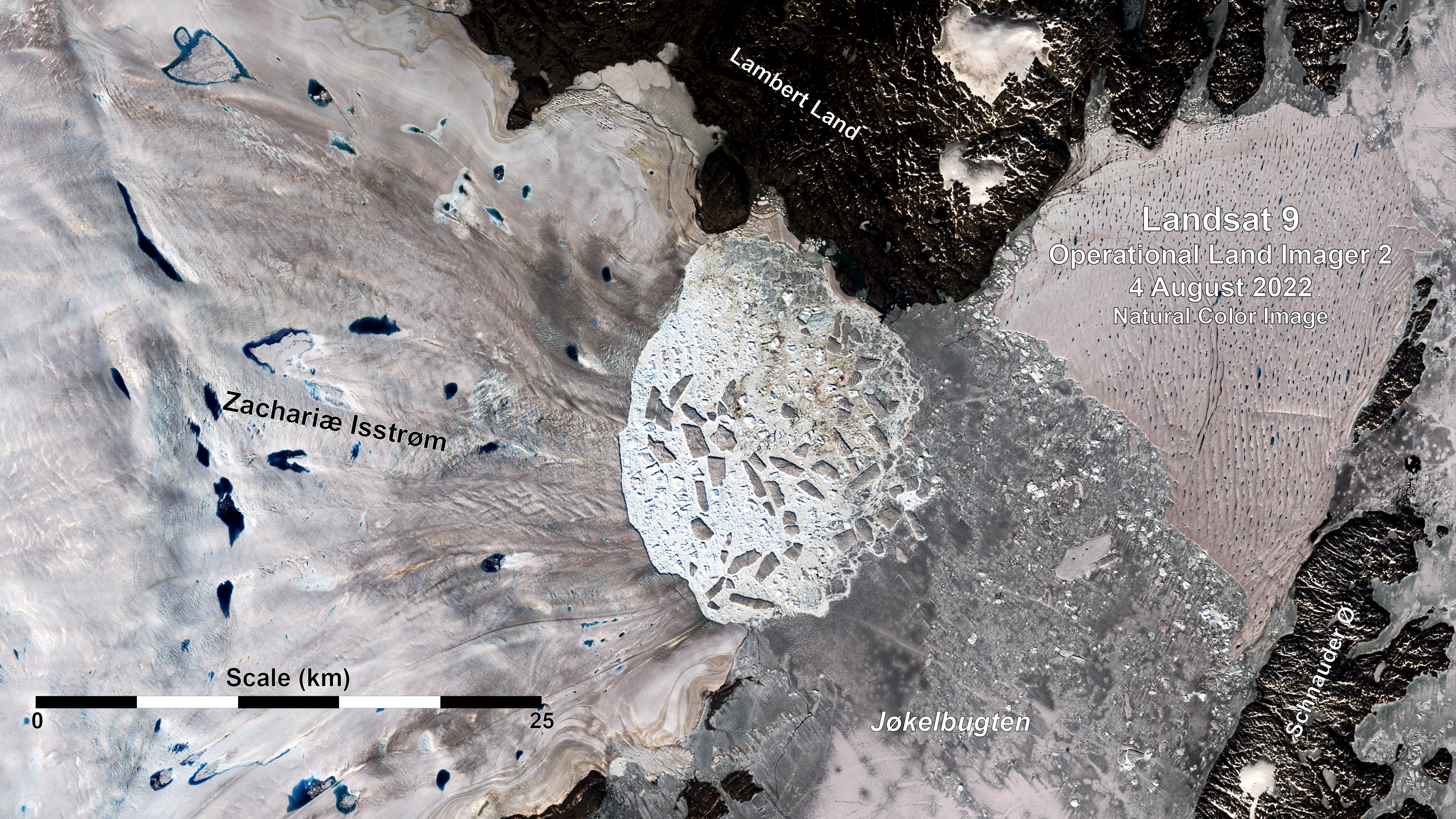 A natural color satellite image from Landsat 8 of the Zachariae Isstrom glacier in northeast Greenland