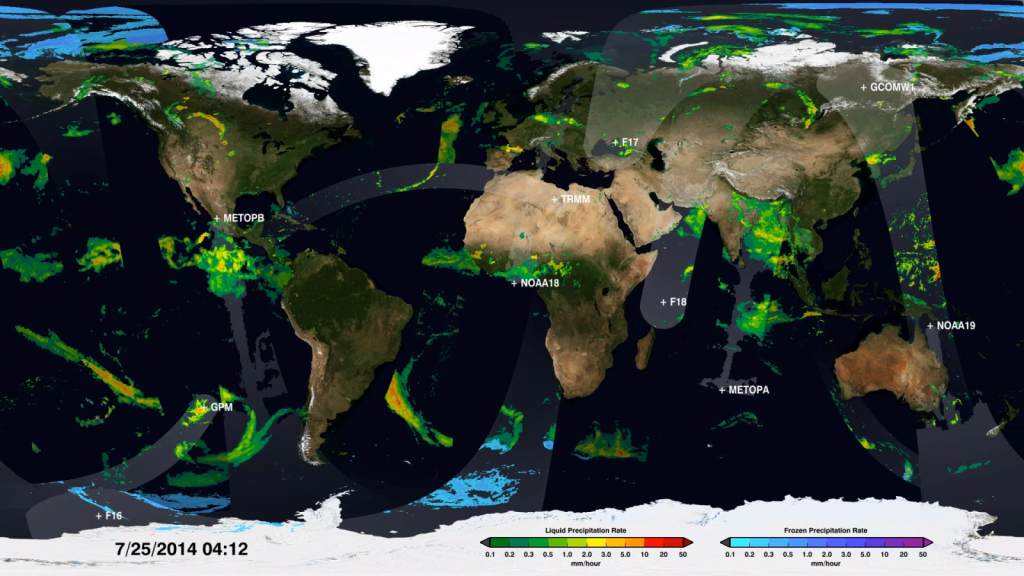 tracing of the satellite tracks that provide data in support of GPM over a world map