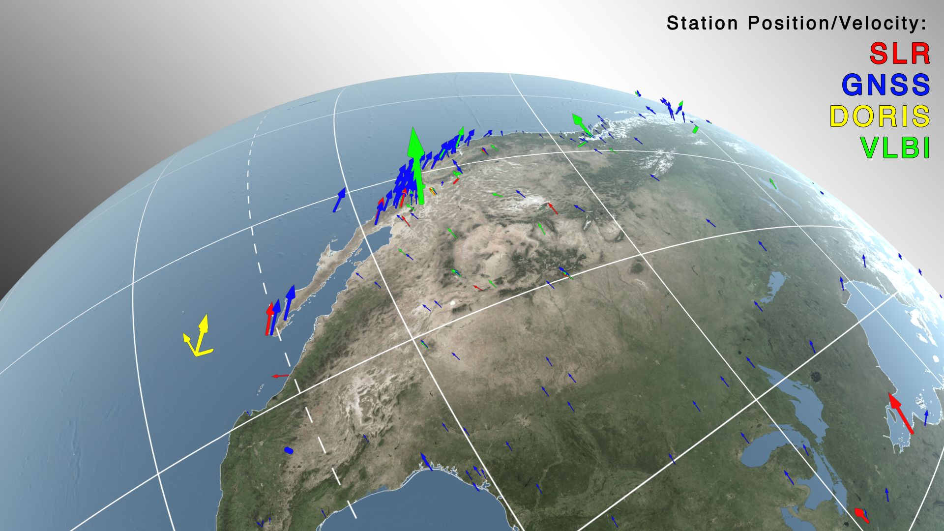 A view of station position and velocity detected by the Space Geodesy Project over North America.