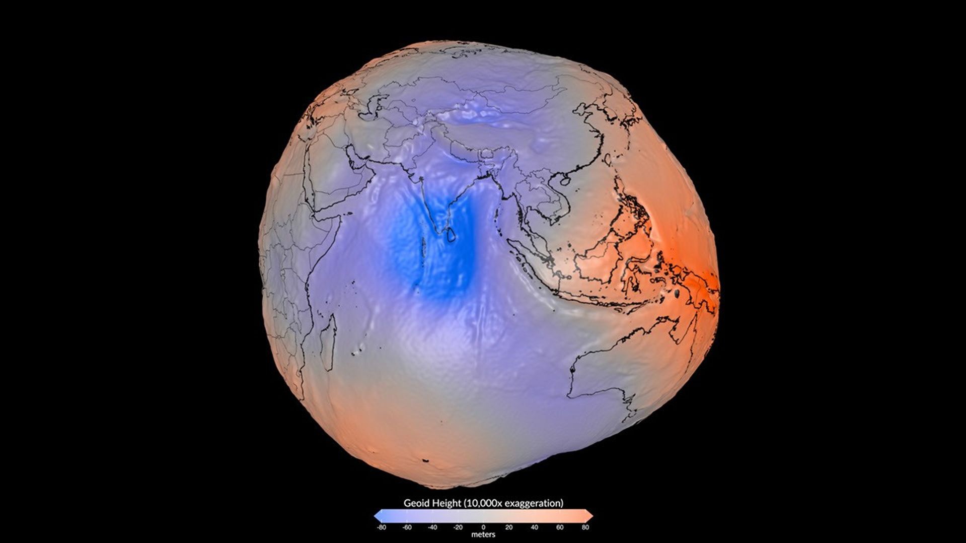 A distorted view of the planet showing exaggerated peaks and valleys due to variations in the Earth’s mass and gravity field.