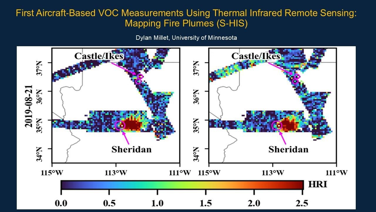The Scanning High-resolution Interferometer Sounder (S-HIS) onboard the NASA ER-2 was able to sense methanol, ethylene, and a few other fire-induced volatile organic compounds (VOCs) for the first time during the FIREX-AQ campaign. The use of thermal infrared observations from airborne platforms augments the limited observations acquired by in-situ networks and sampling constraints of current satellite sensors.