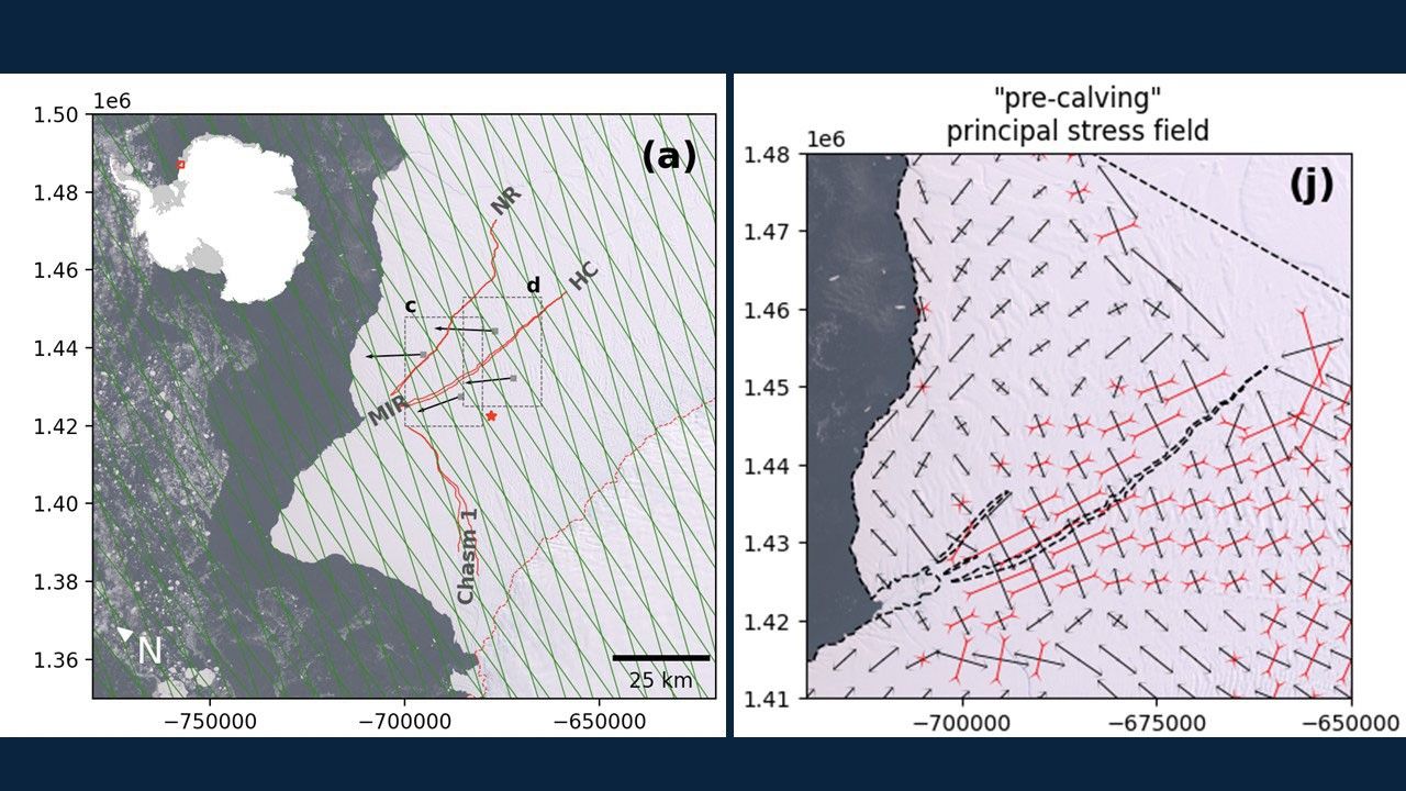 map of the Antarctic coastline with lines and line segments overlaid on the ice