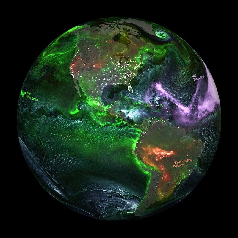Earth from space with colorful overlays of various aid pollutants