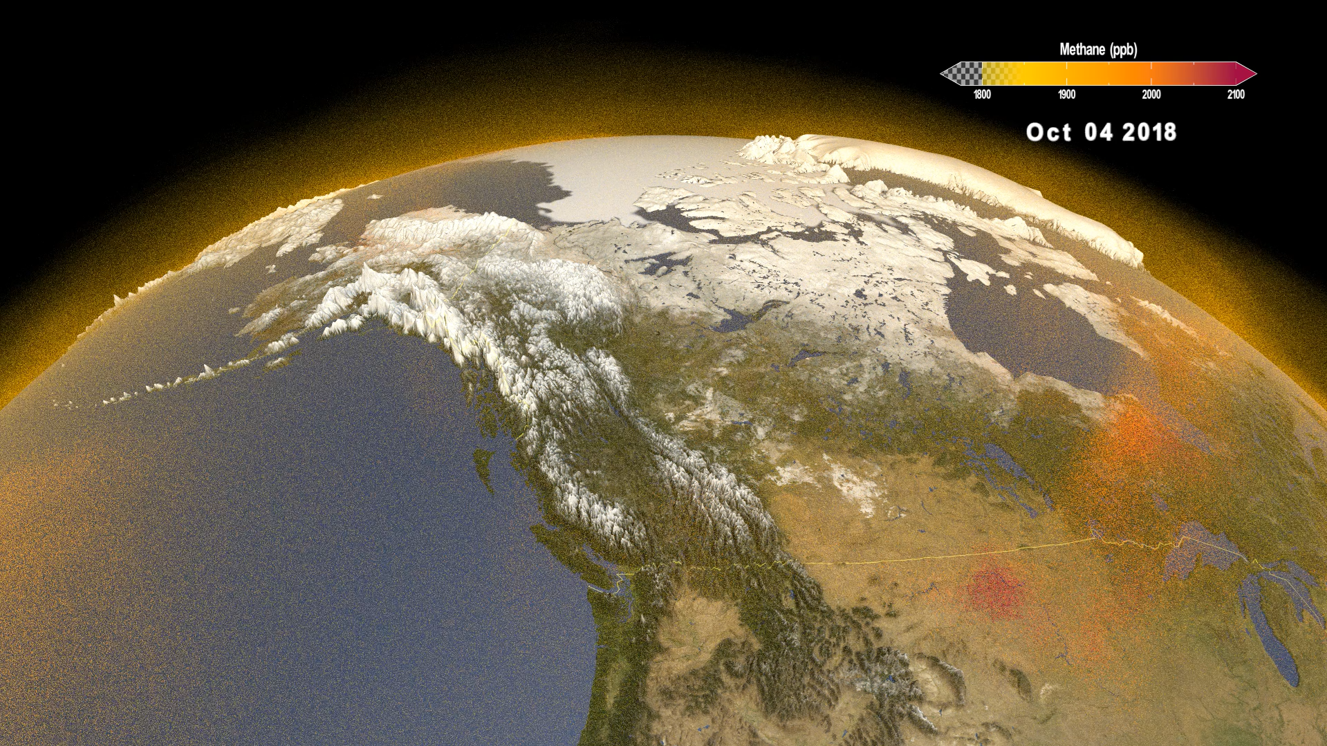 An image with various colors depicting the concentration and distribution of methane gas in the atmosphere over parts of North America during September 2018.