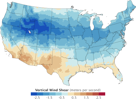 Map of modeled change in vertical wind shear over the U.S.