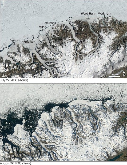 Satellite image overviews of the Ellesmere coast, July 22 and August 29, 2008.