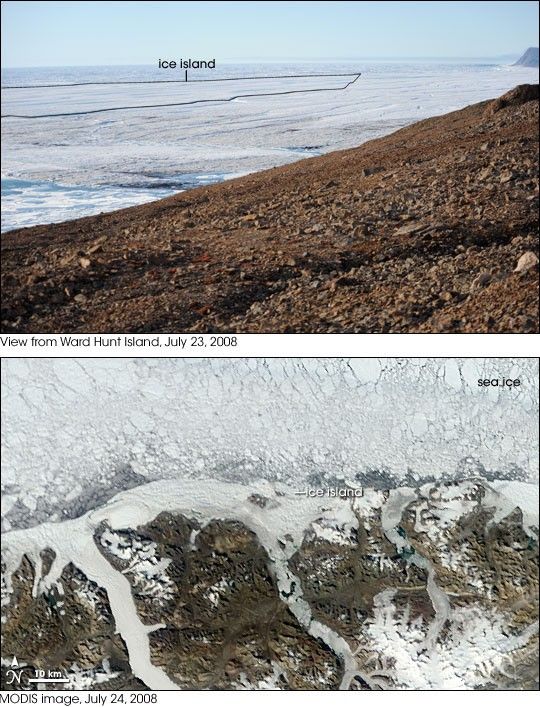 Ground-based photograph and satellite image of ice island calving from Ward Hunt on July 23, 2008.