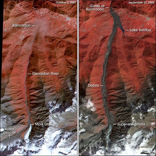 Satellite Image Pair Showing Karmadon before and after the Kolka Glacier Collapse.