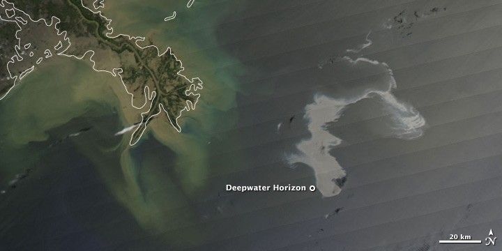 Satellite image of Deepwater Horizon oil spill, April 25, 2010.