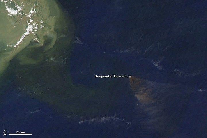 Satellite image of the smoke plume from the burning Deepwater Horizon platform.
