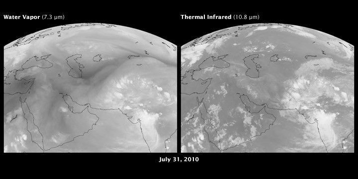 Satellite images of water vapor and clouds over Russia and Pakistan, July 31, 2010.