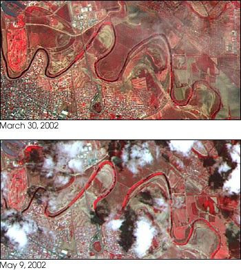 Satellite images from March 30 and May 9, 2002.