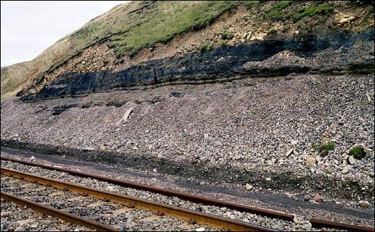 Photograph of exposed coal near Providence Bar, Parton, England.