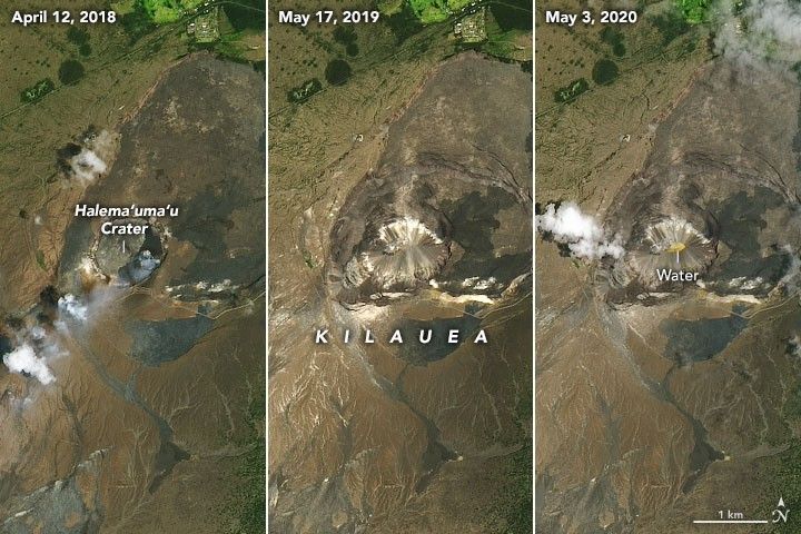 A triptych shows the Halema‘uma‘u crater on a day in April 2018 (left), May 2019 (middle), and May 2020 (right). In 2020, a lava lake with a layer of dark crust on its surface fills the small crater. In May 2019, the lava lake is gone and the crater appears empty. By May 2020, water (appearing brown) is beginning to pond at the bottom of the crater. The surrounding landscape appears brown and mostly free of vegetation.