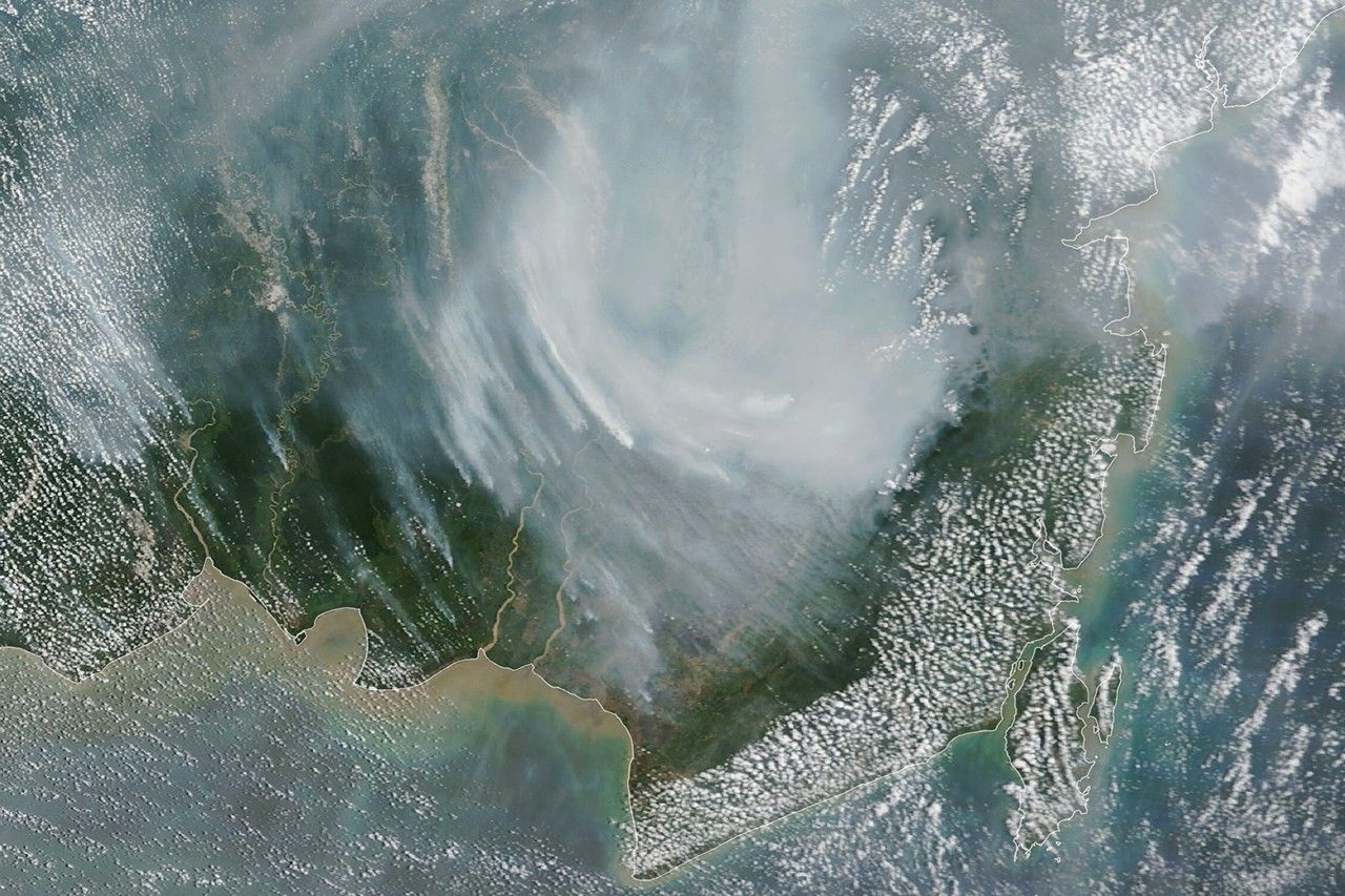 Citra MODIS Terra menampilkan asap kebakaran lahan yang menutupi Kalimantan pada Oktober 2023