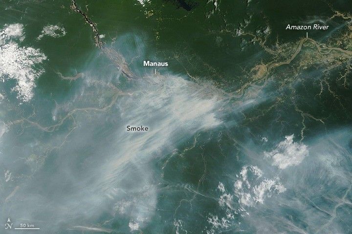 Satellite view of wildfire smoke over the Amazon rainforest, October 11, 2023