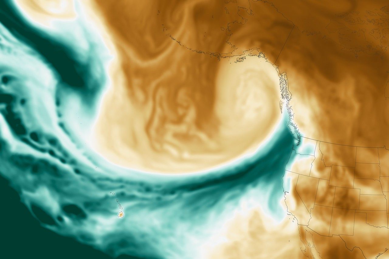Peta total precipitable water GEOS-5 memperlihatkan filamen atmospheric river Pasifik Barat Laut Desember 2023