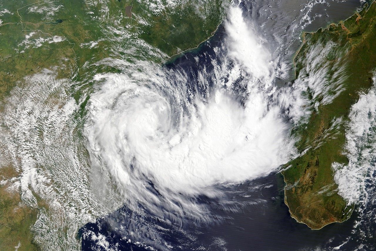 Terra/MODIS satellite image of Tropical Cyclone Filipo on March 11 2024 showing spiral cloud structure over the Mozambique Channel