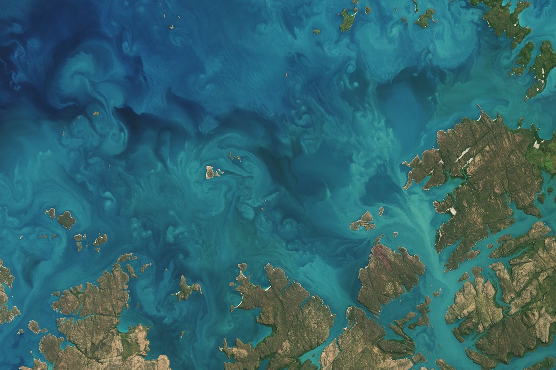 Tidal currents stir up colorful swirls off the coast of Western Australia.
