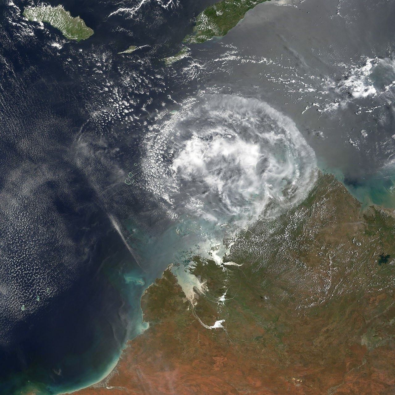 Anvil thunderstorm cloud over the Indian Ocean near the Maritime Continent, captured by MODIS satellite